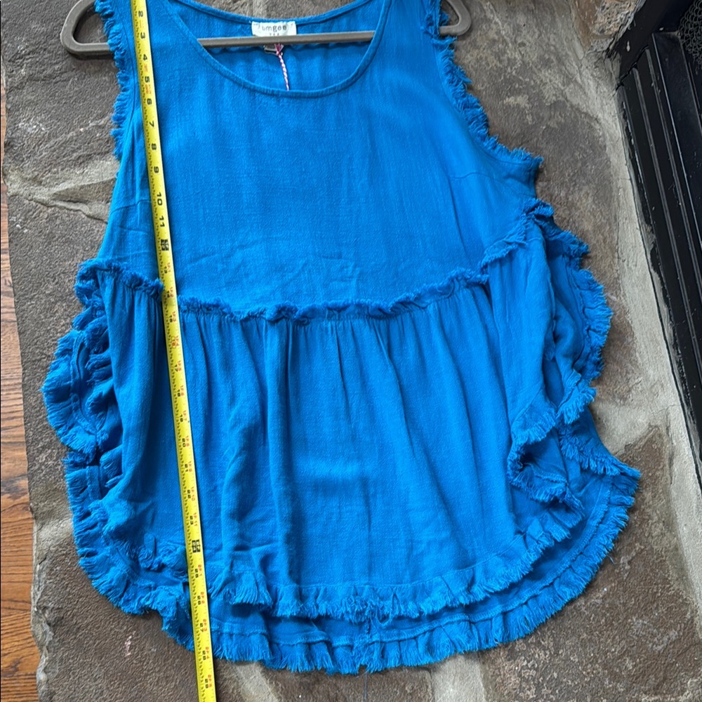 Umgee Blue Linen blend Ruffled Tank Top raw frayed hem flowy oversized - Picture 5 of 8